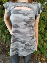 Load image into Gallery viewer, Sandie Flutter Sleeve Keyhole top Grey Camo
